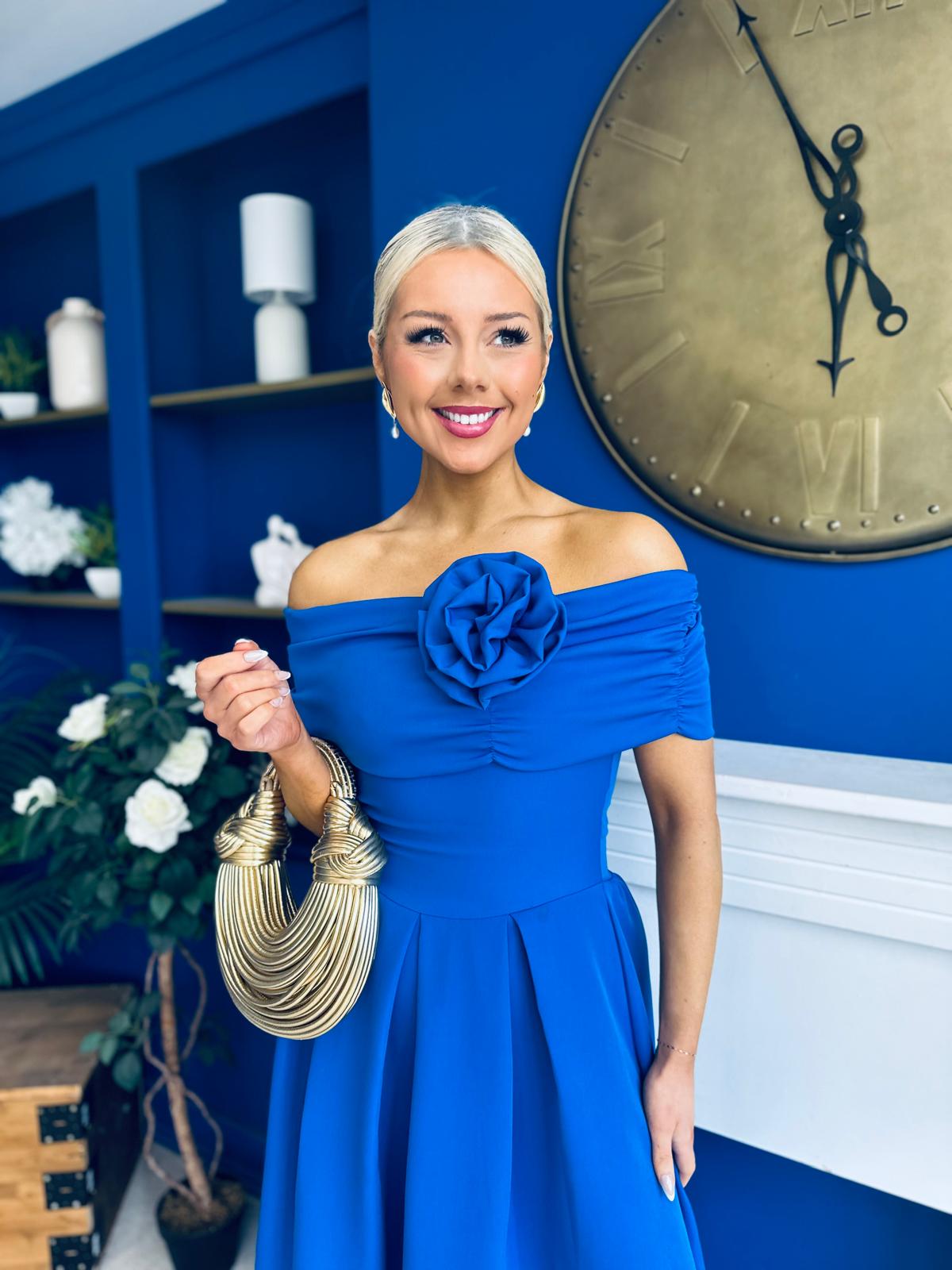 Helen Detailed Bardot Midi Dress Blue