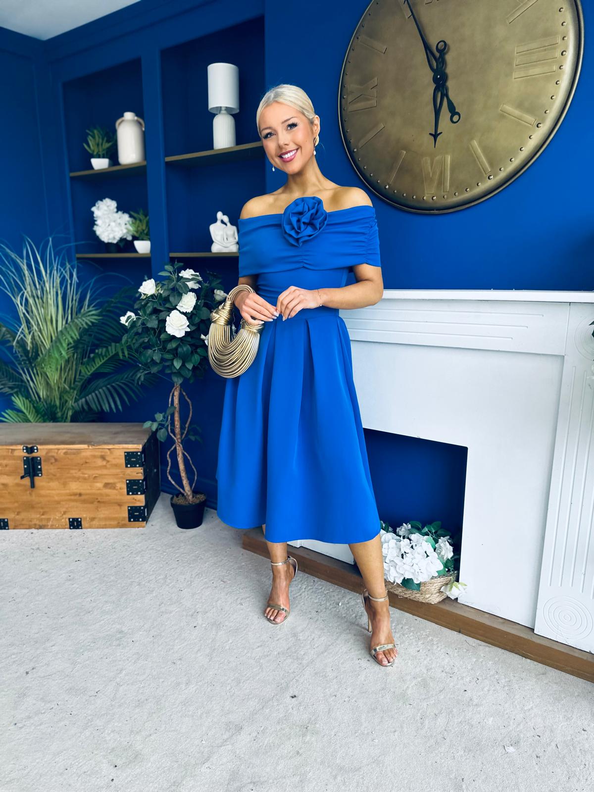 Helen Detailed Bardot Midi Dress Blue