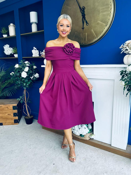 Helen Detailed Bardot Midi Dress Berry