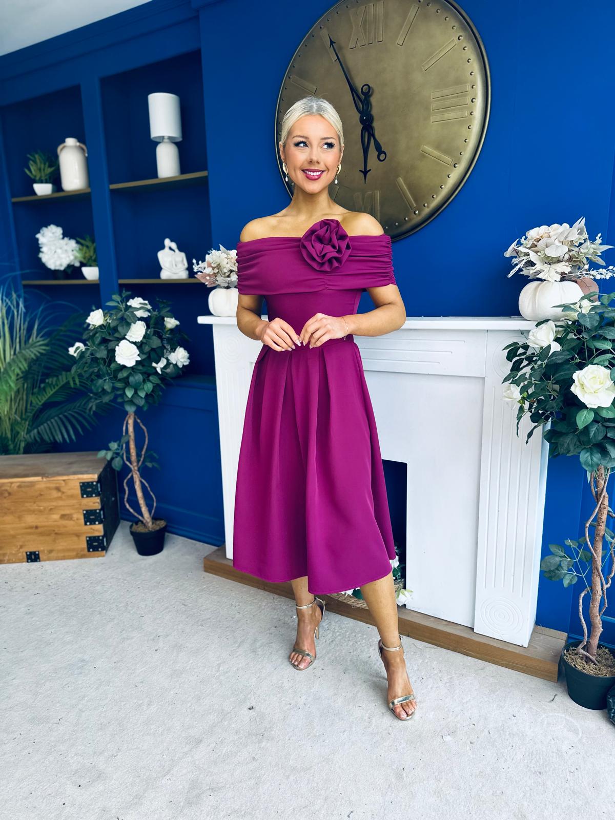 Helen Detailed Bardot Midi Dress Berry