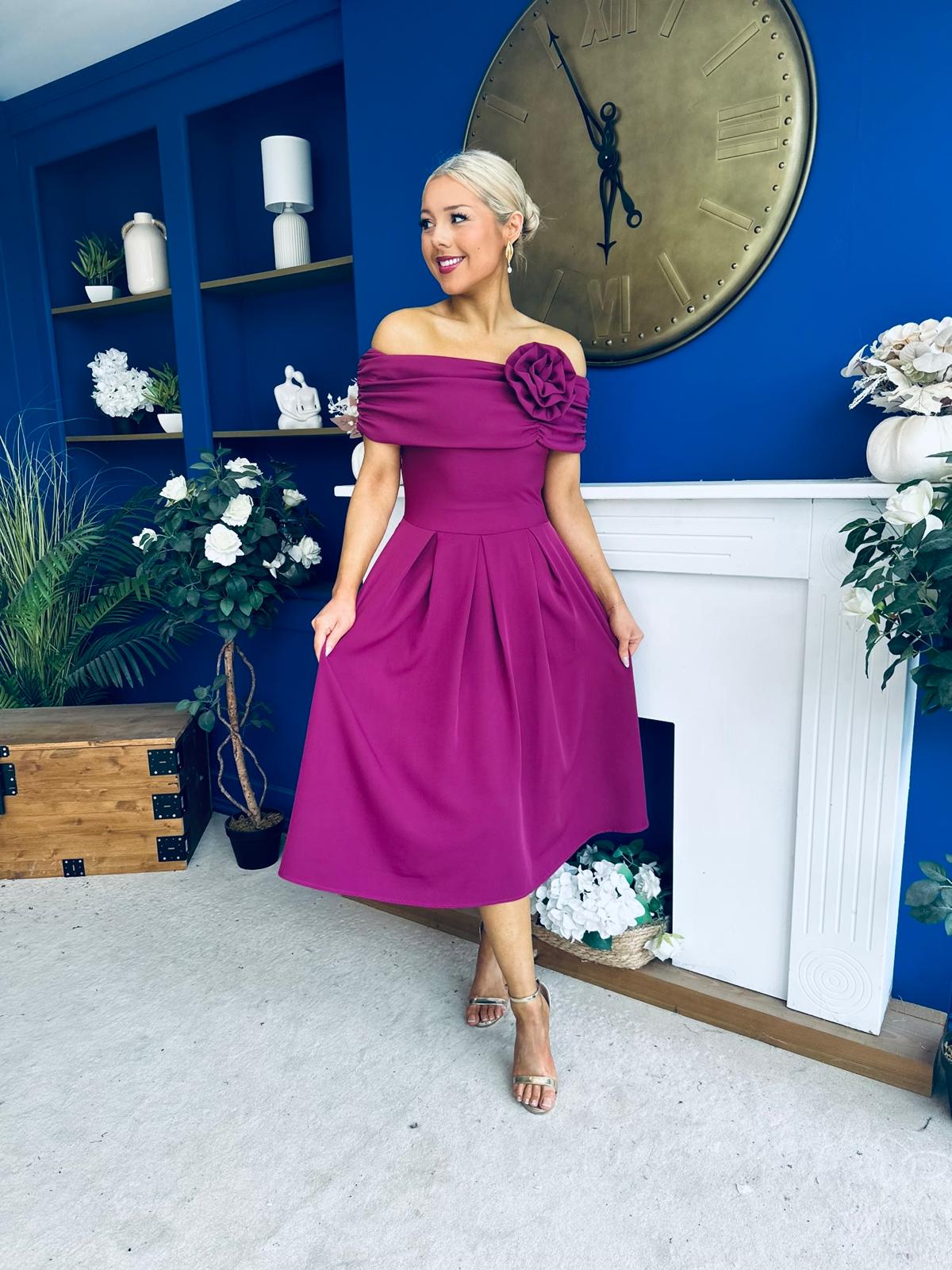 Helen Detailed Bardot Midi Dress Berry