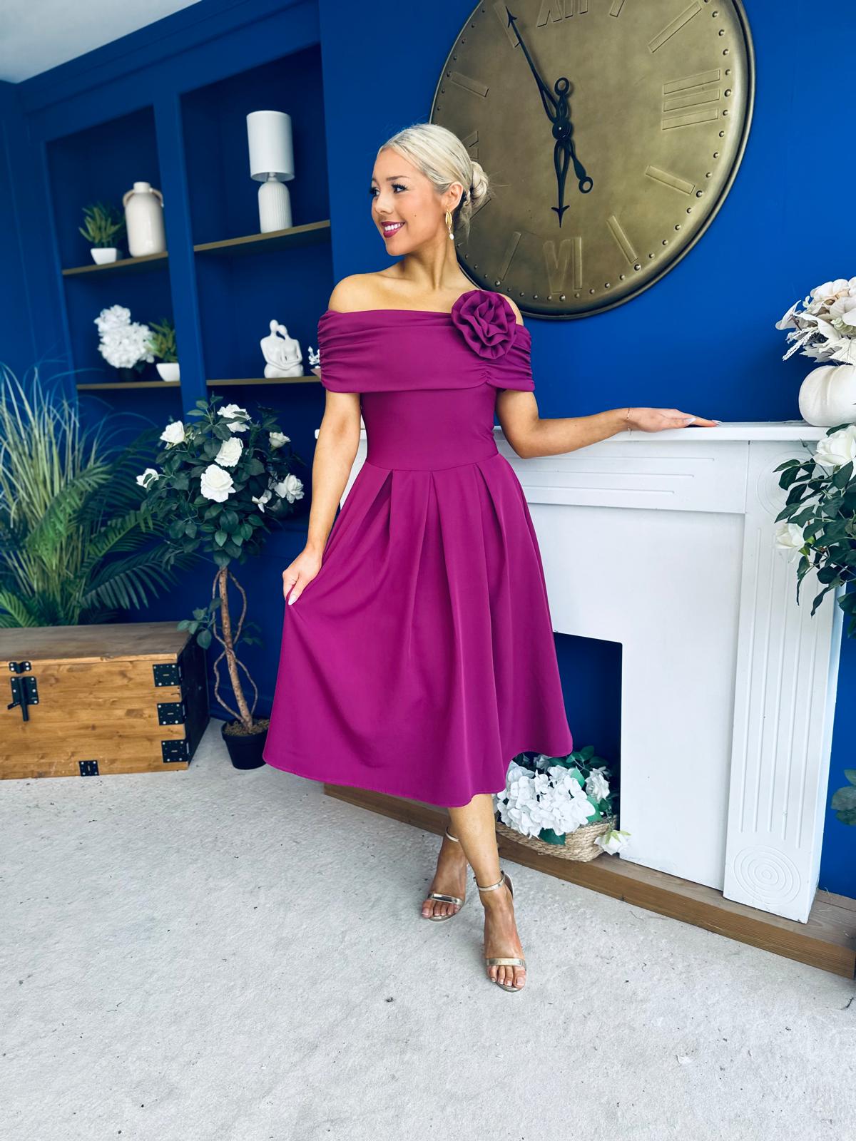 Helen Detailed Bardot Midi Dress Berry