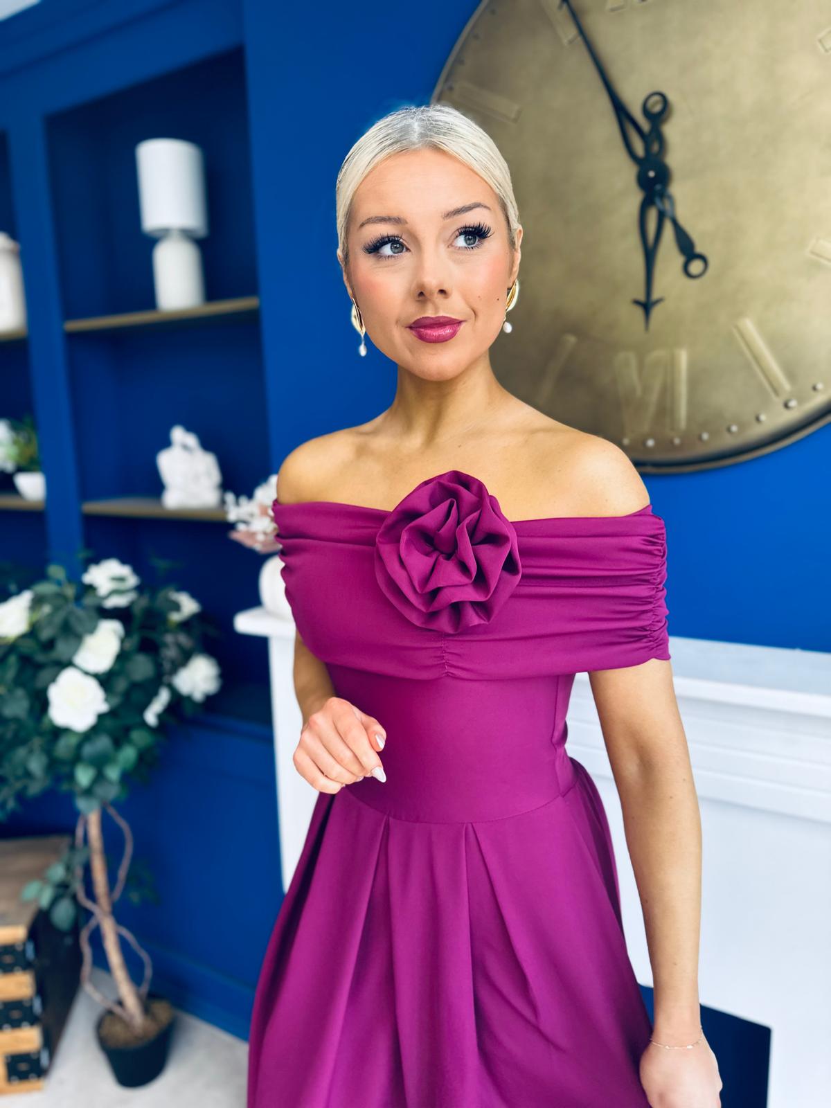 Helen Detailed Bardot Midi Dress Berry