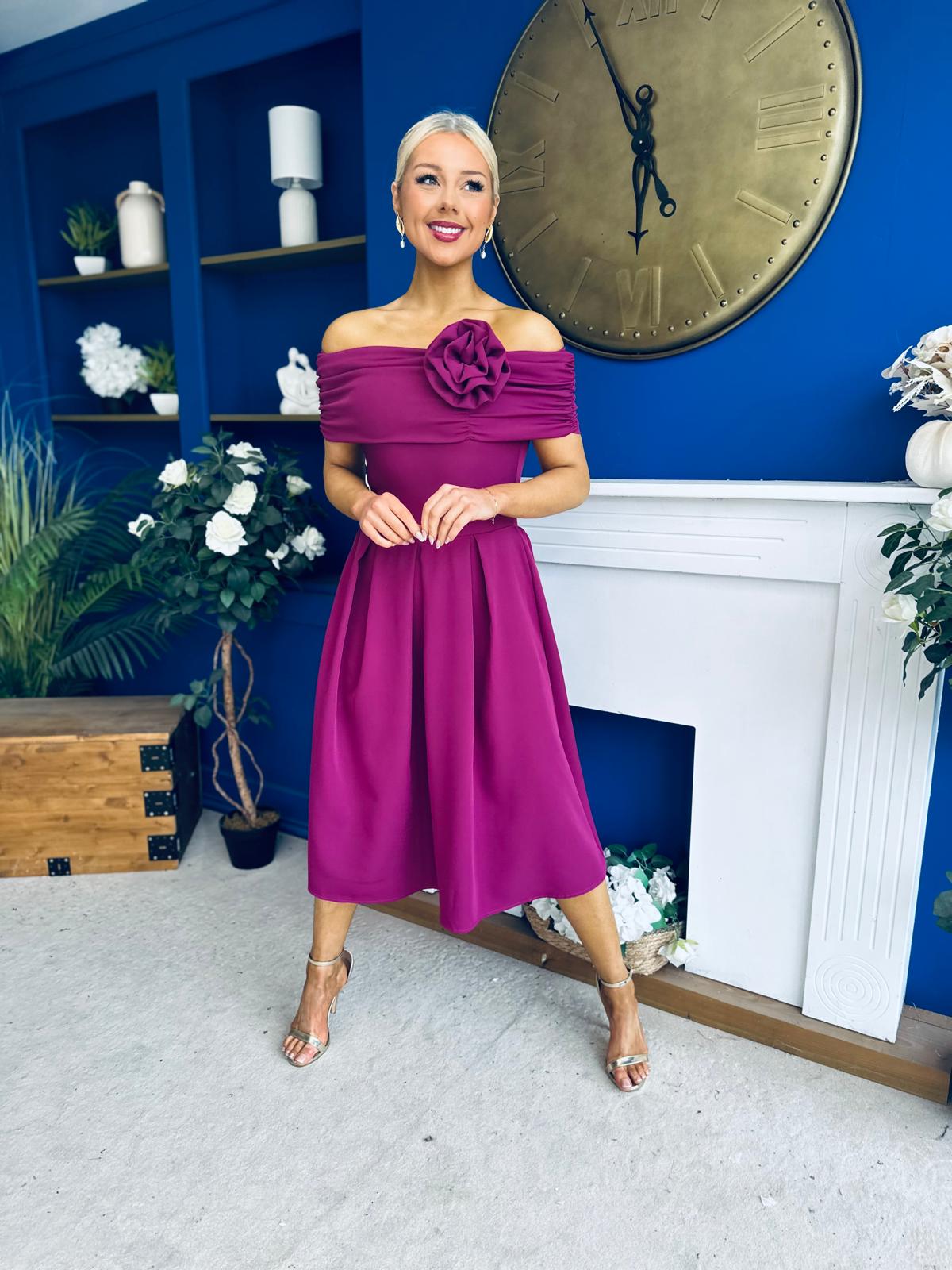 Helen Detailed Bardot Midi Dress Berry