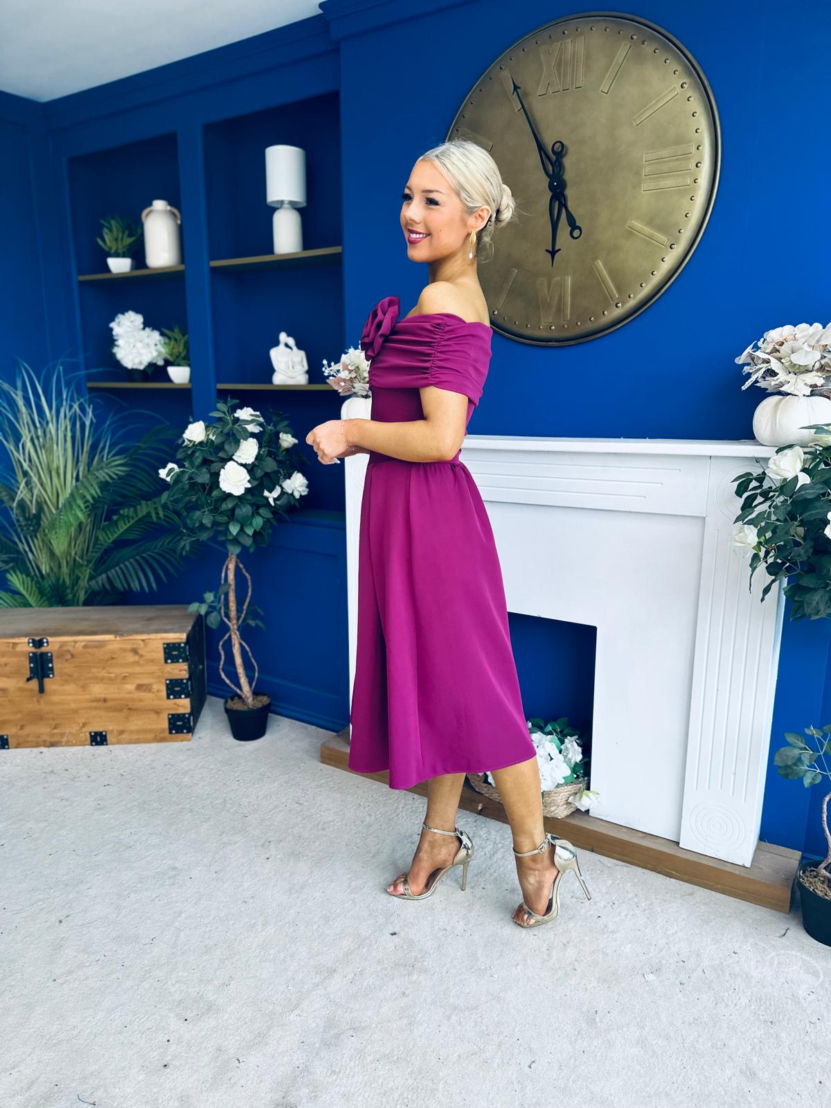 Helen Detailed Bardot Midi Dress Berry