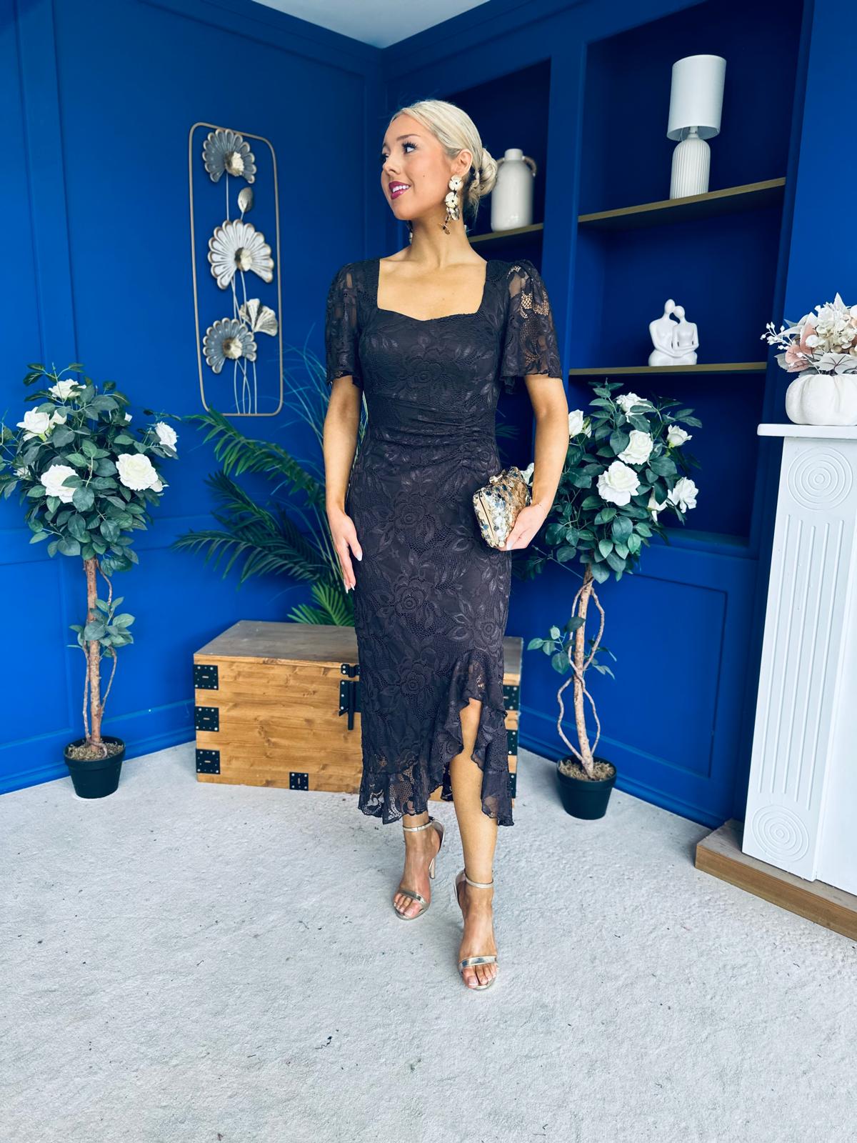 Heidi Lace Detail Ruched Midi Dress Chocolate