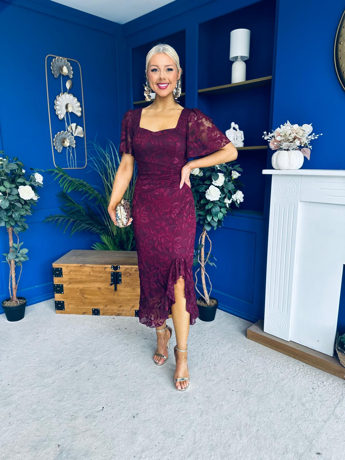 Heidi Lace Detail Ruched Midi Dress Wine