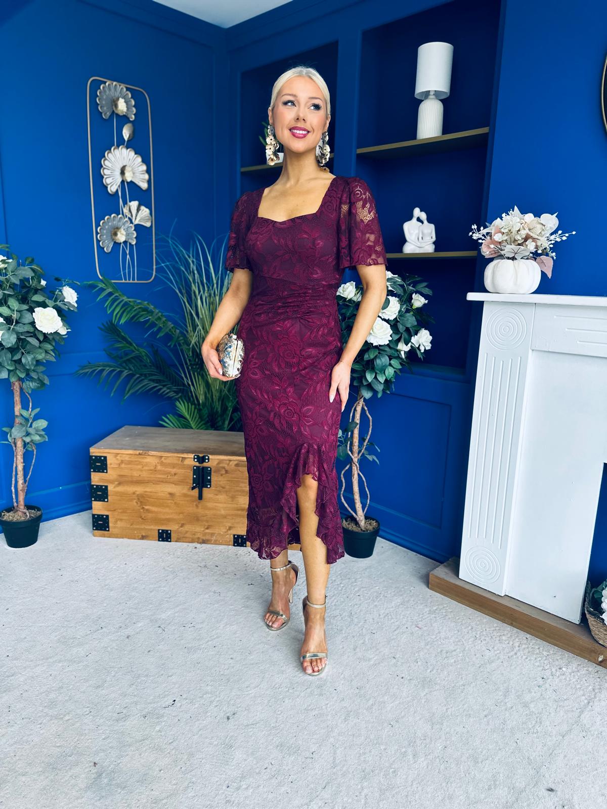 Heidi Lace Detail Ruched Midi Dress Wine