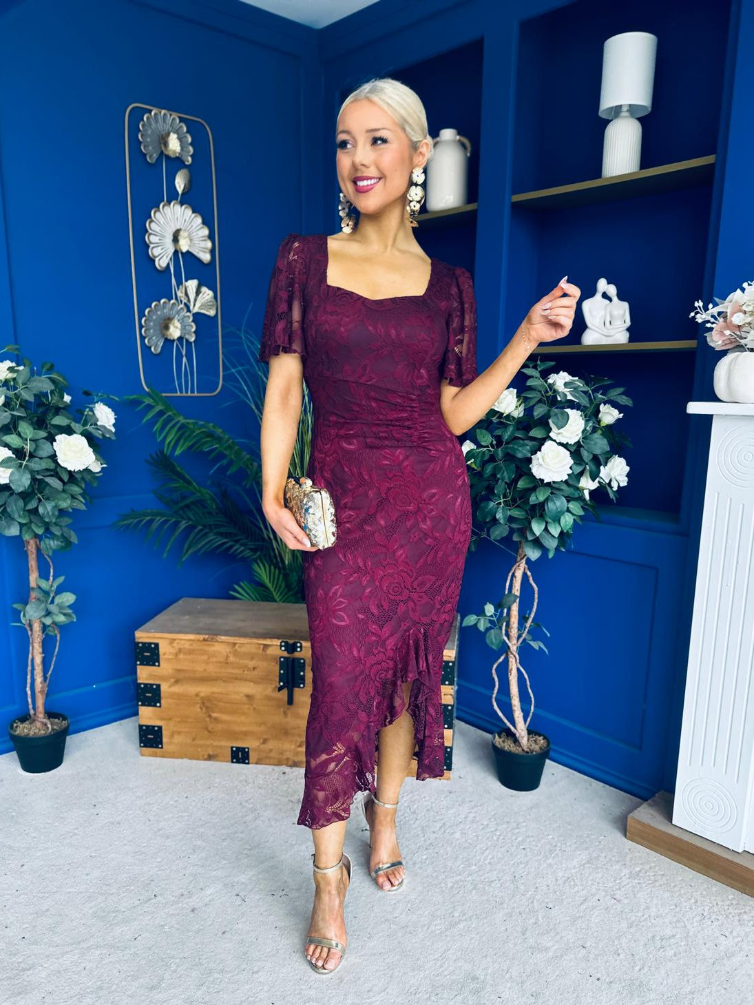 Heidi Lace Detail Ruched Midi Dress Wine