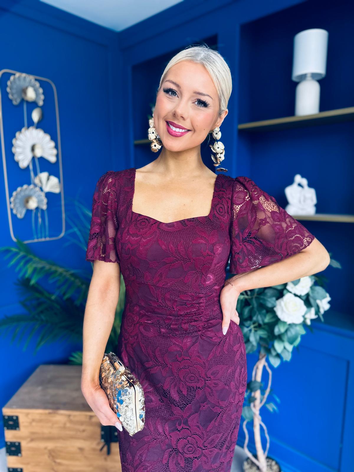 Heidi Lace Detail Ruched Midi Dress Wine