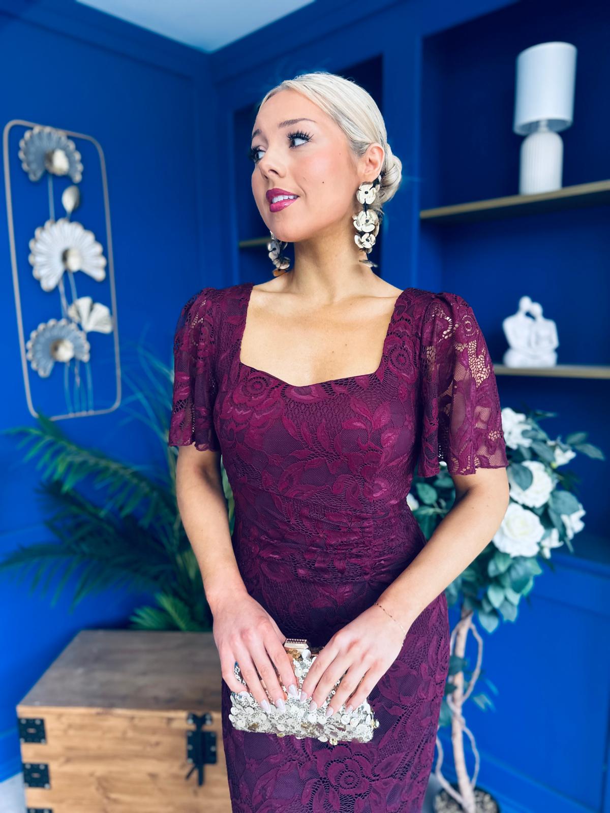 Heidi Lace Detail Ruched Midi Dress Wine