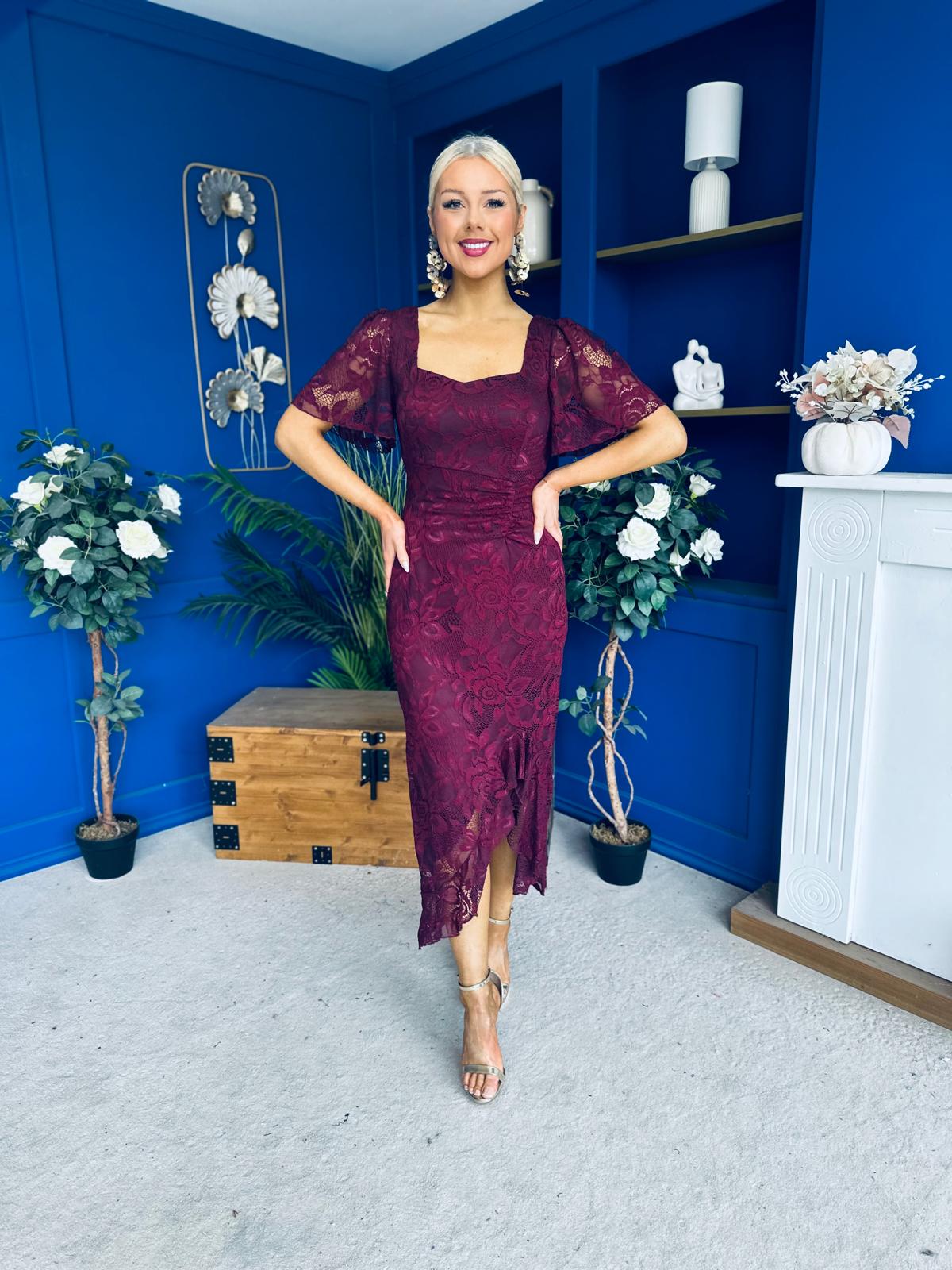Heidi Lace Detail Ruched Midi Dress Wine