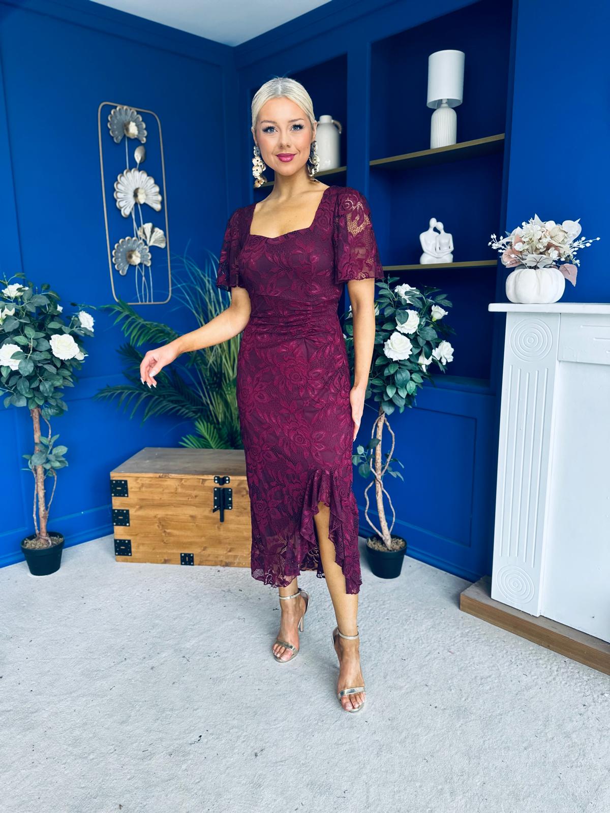 Heidi Lace Detail Ruched Midi Dress Wine