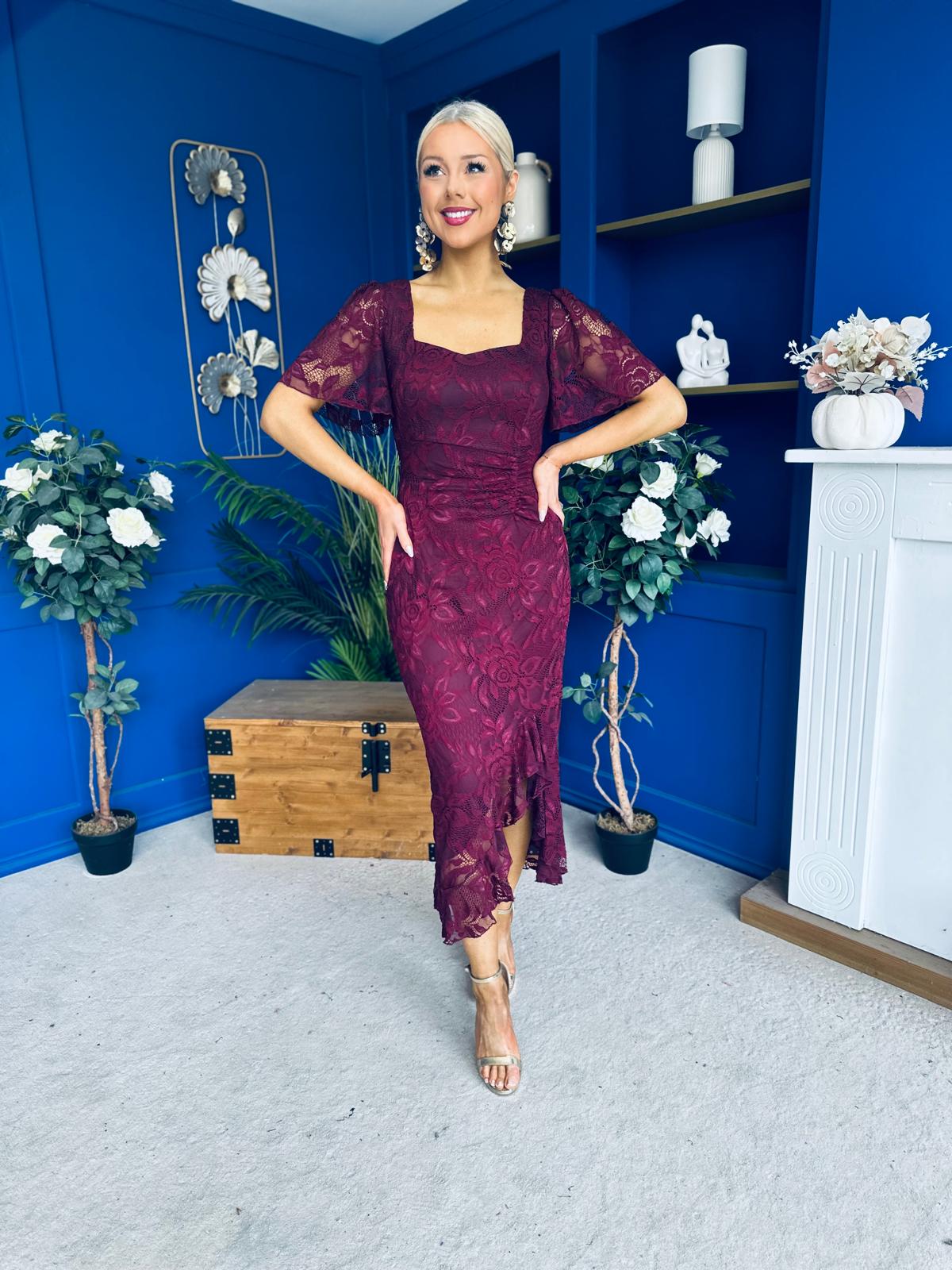 Heidi Lace Detail Ruched Midi Dress Wine