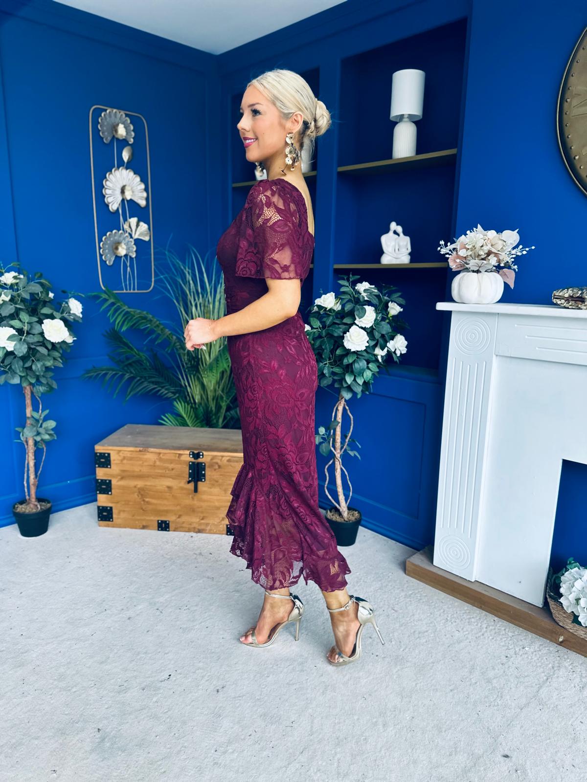 Heidi Lace Detail Ruched Midi Dress Wine