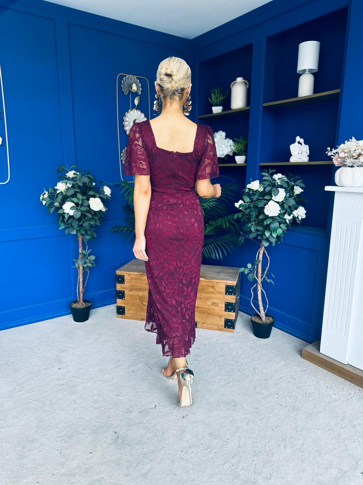 Heidi Lace Detail Ruched Midi Dress Wine