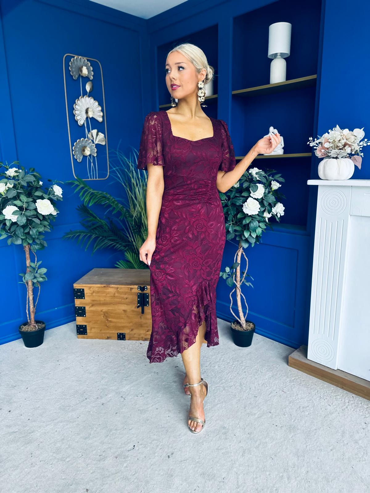 Heidi Lace Detail Ruched Midi Dress Wine