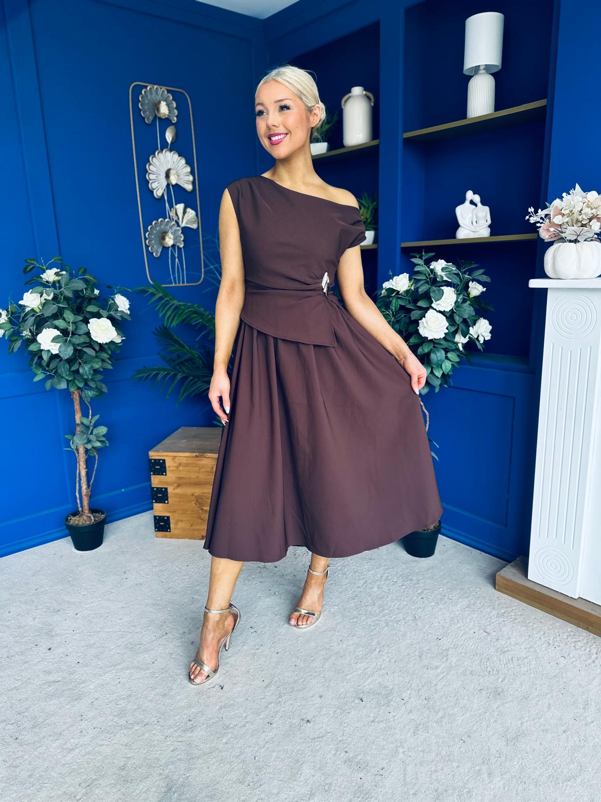 Simran Asymmetric Gold Buckle Midi Dress Brown
