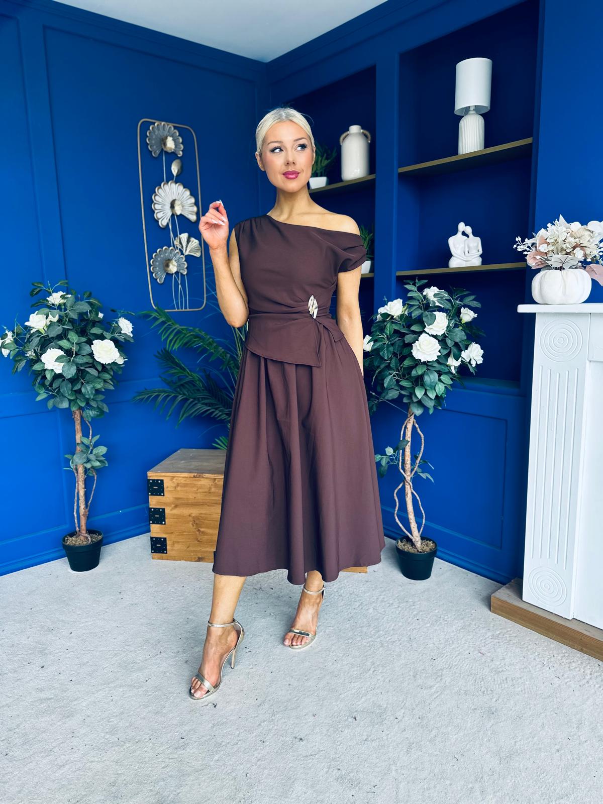 Simran Asymmetric Gold Buckle Midi Dress Brown