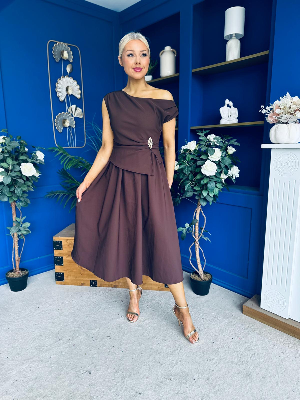 Simran Asymmetric Gold Buckle Midi Dress Brown