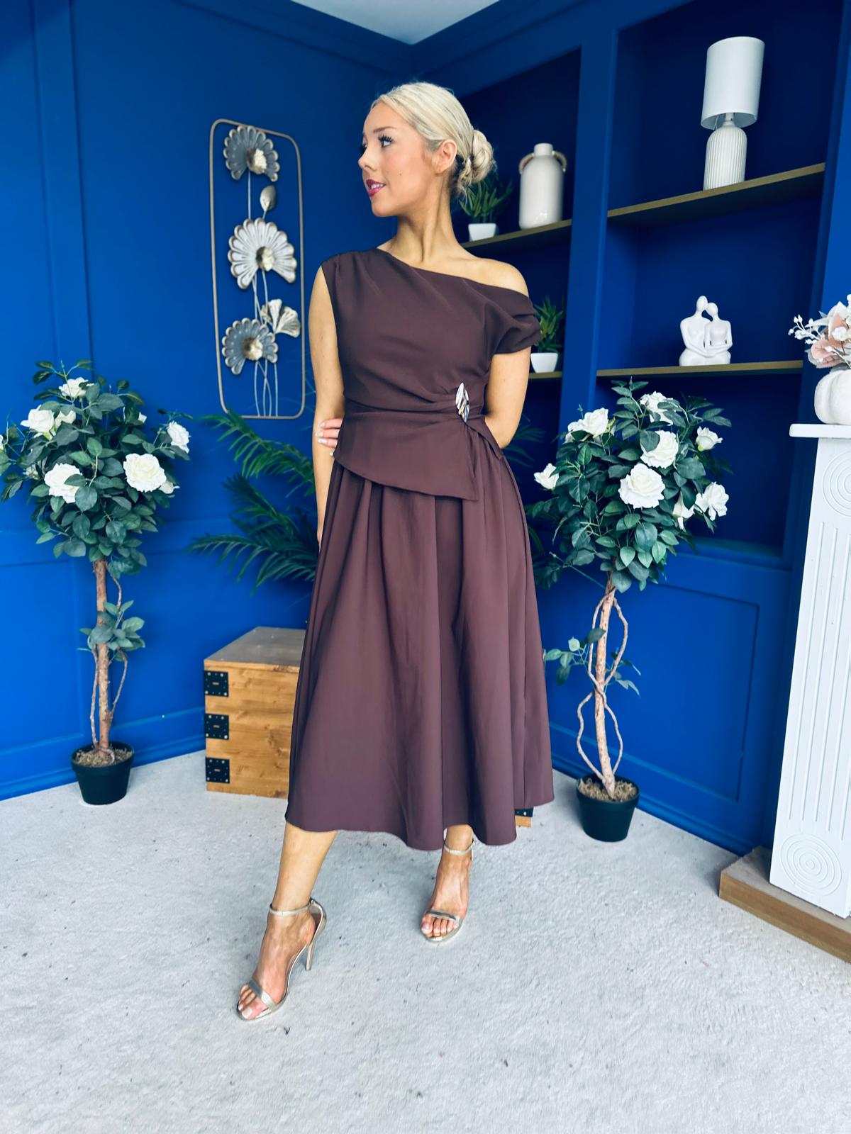 Simran Asymmetric Gold Buckle Midi Dress Brown