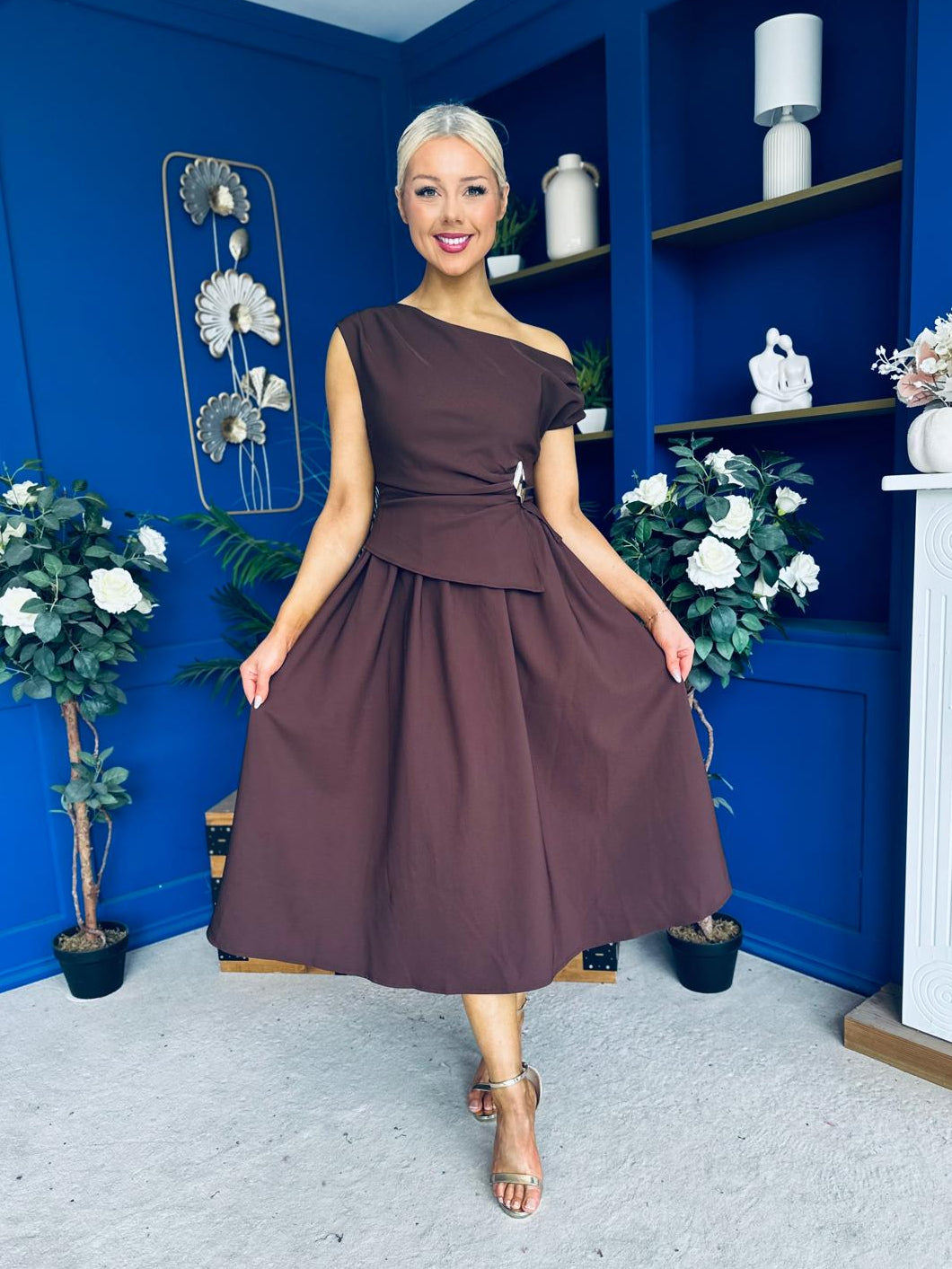 Simran Asymmetric Gold Buckle Midi Dress Brown