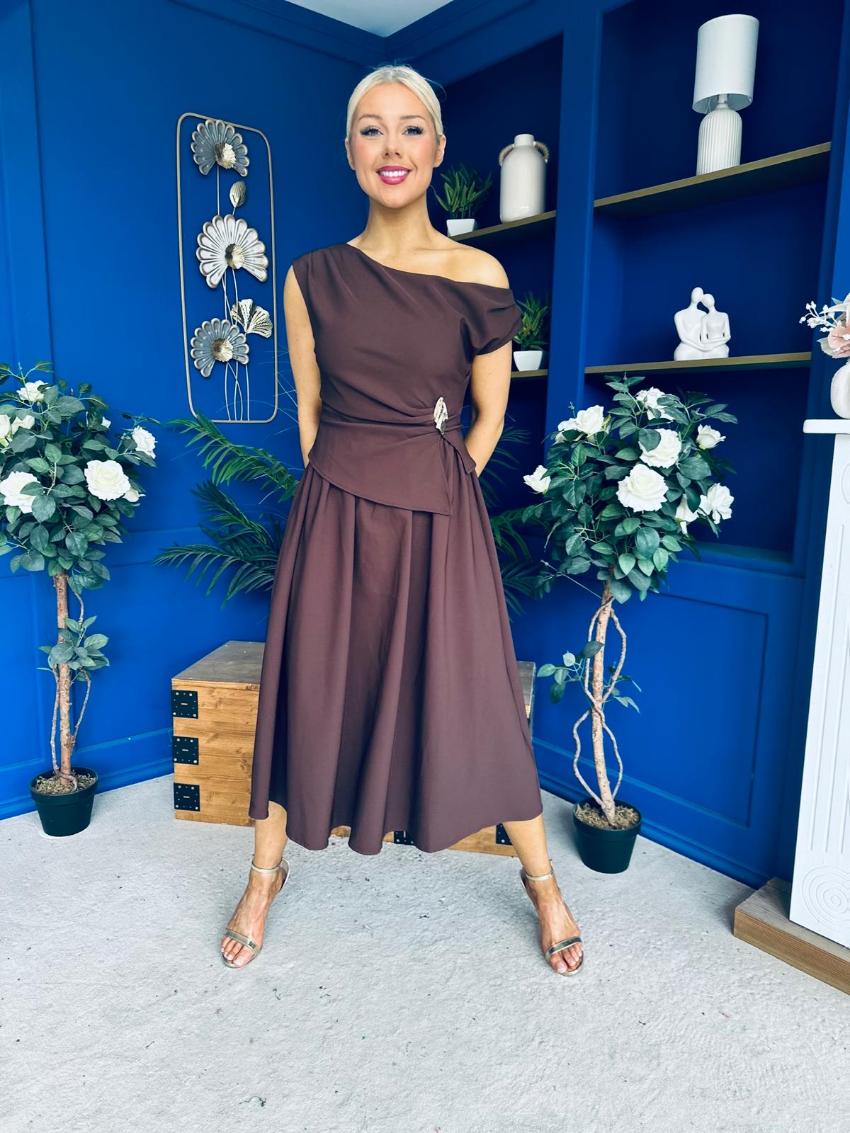 Simran Asymmetric Gold Buckle Midi Dress Brown