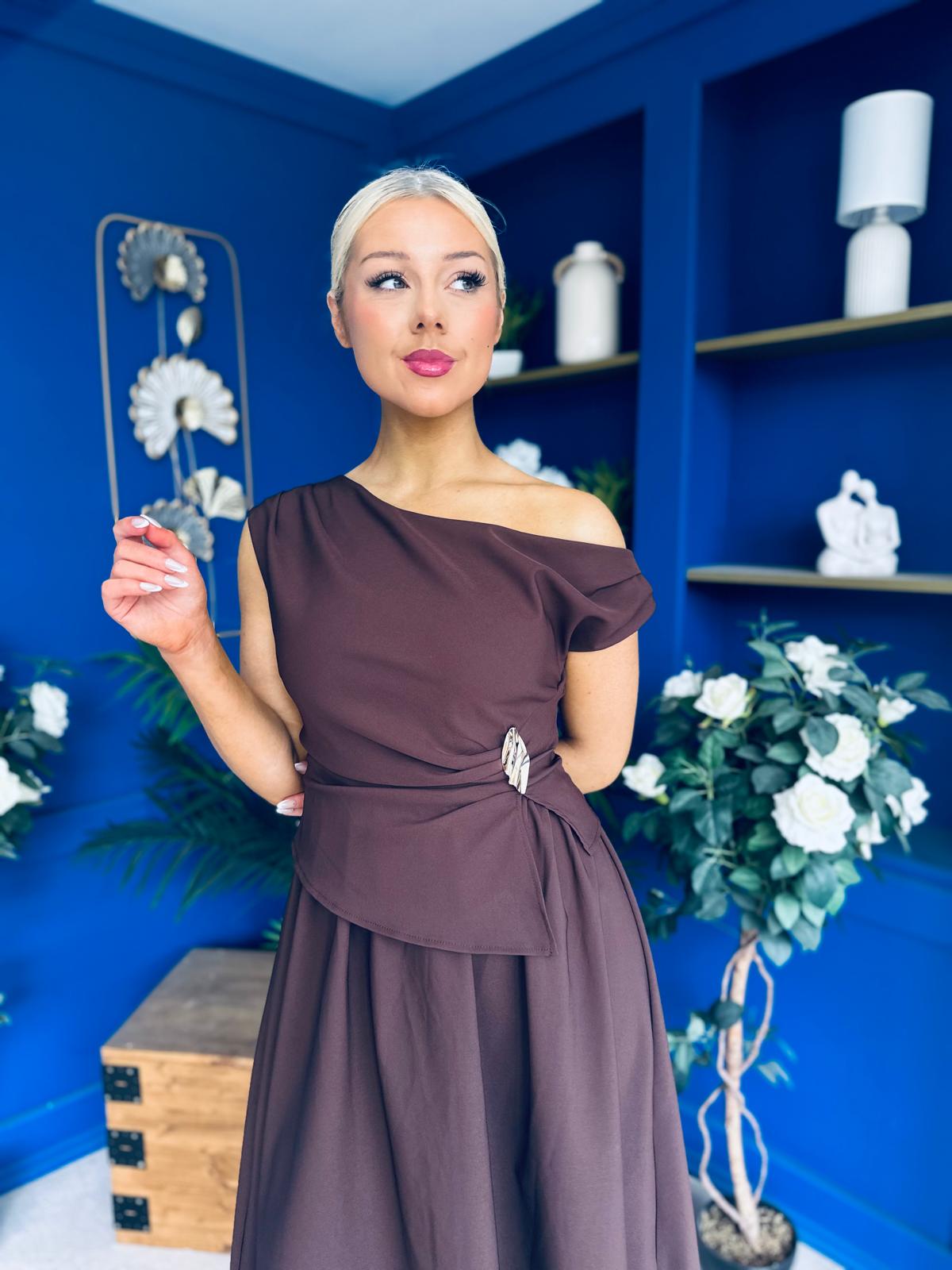 Simran Asymmetric Gold Buckle Midi Dress Brown