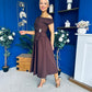 Simran Asymmetric Gold Buckle Midi Dress Brown