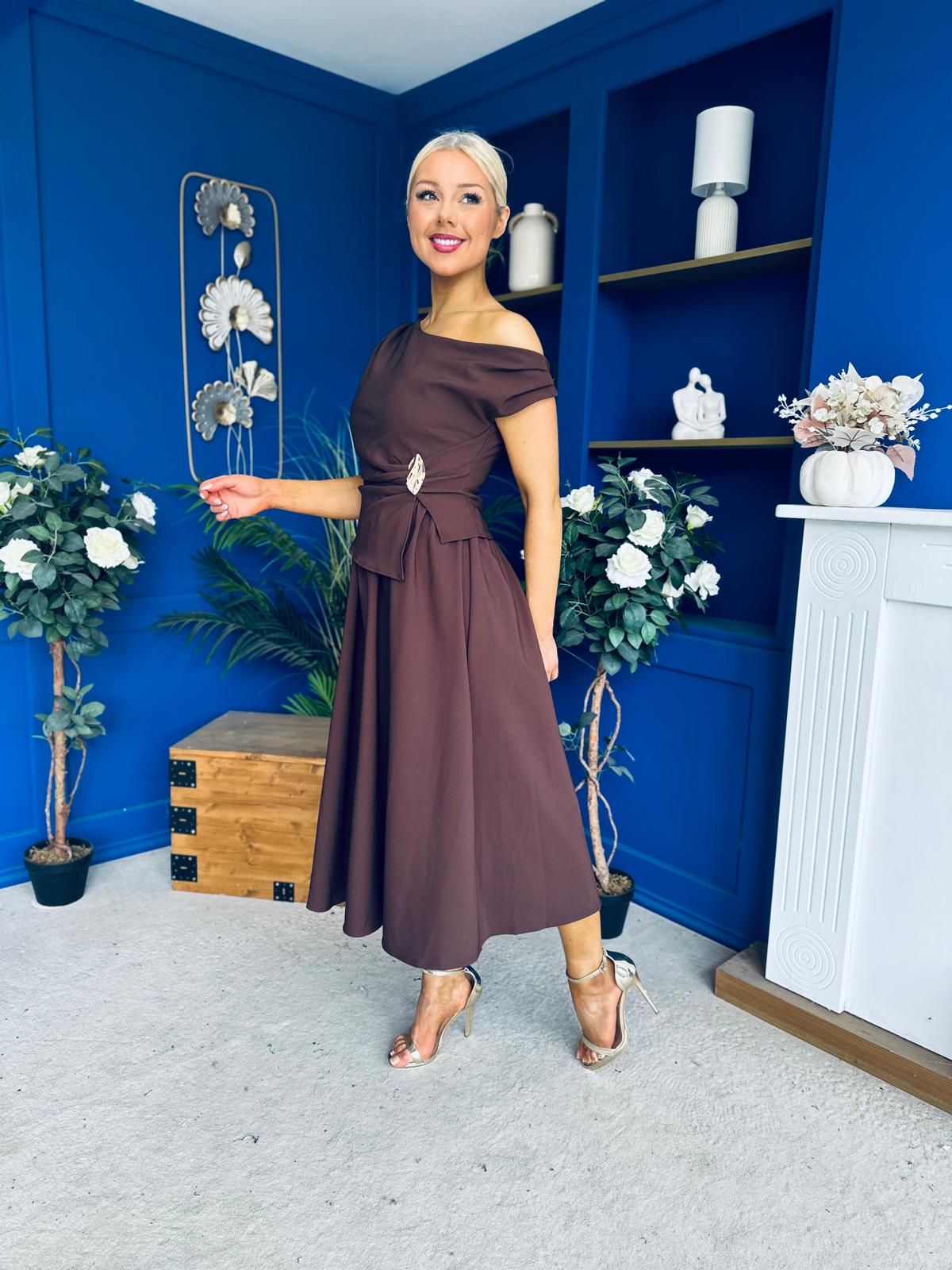 Simran Asymmetric Gold Buckle Midi Dress Brown
