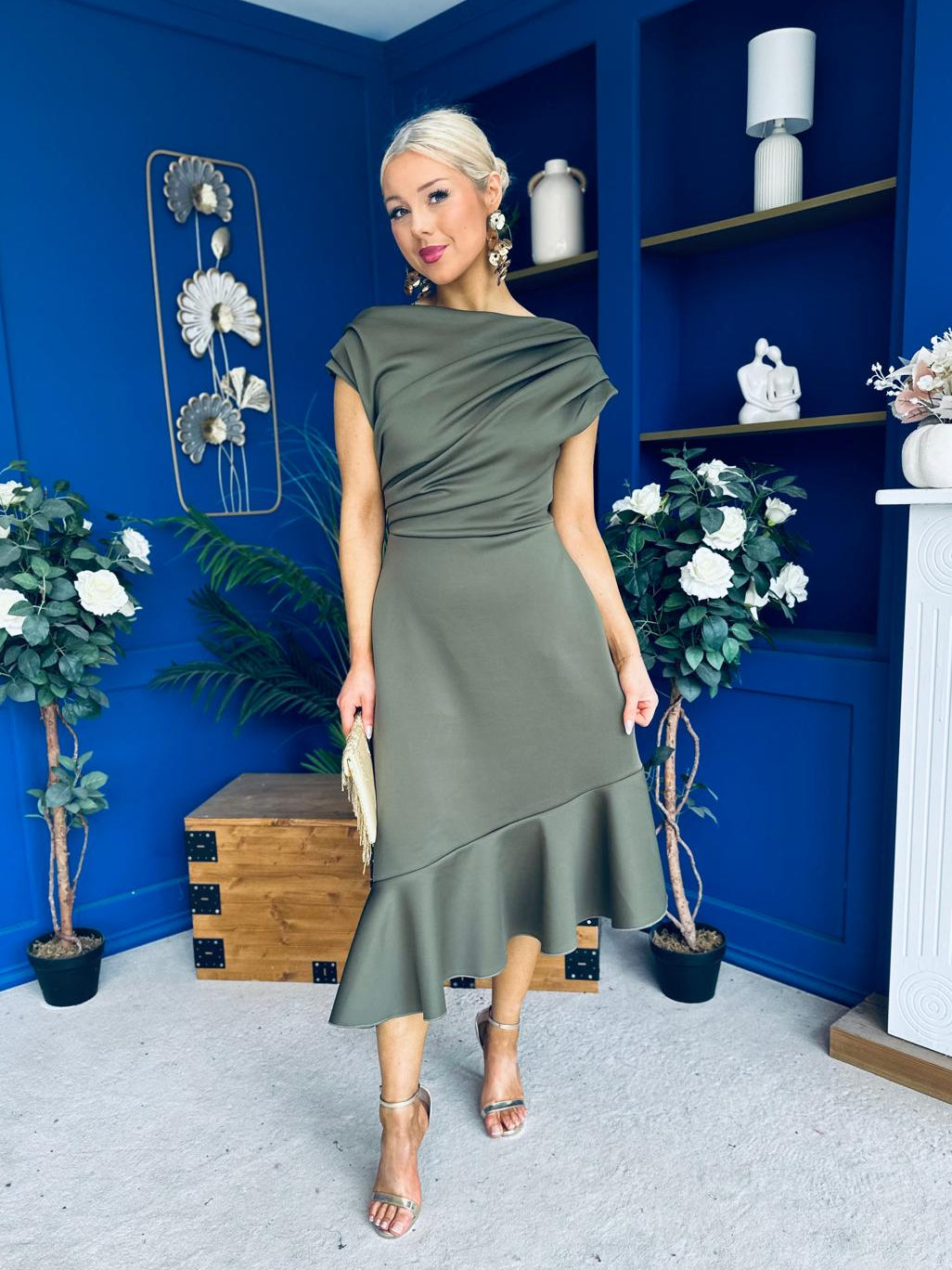 Felicity Asymmetric Frill Hem Midi Dress Khaki