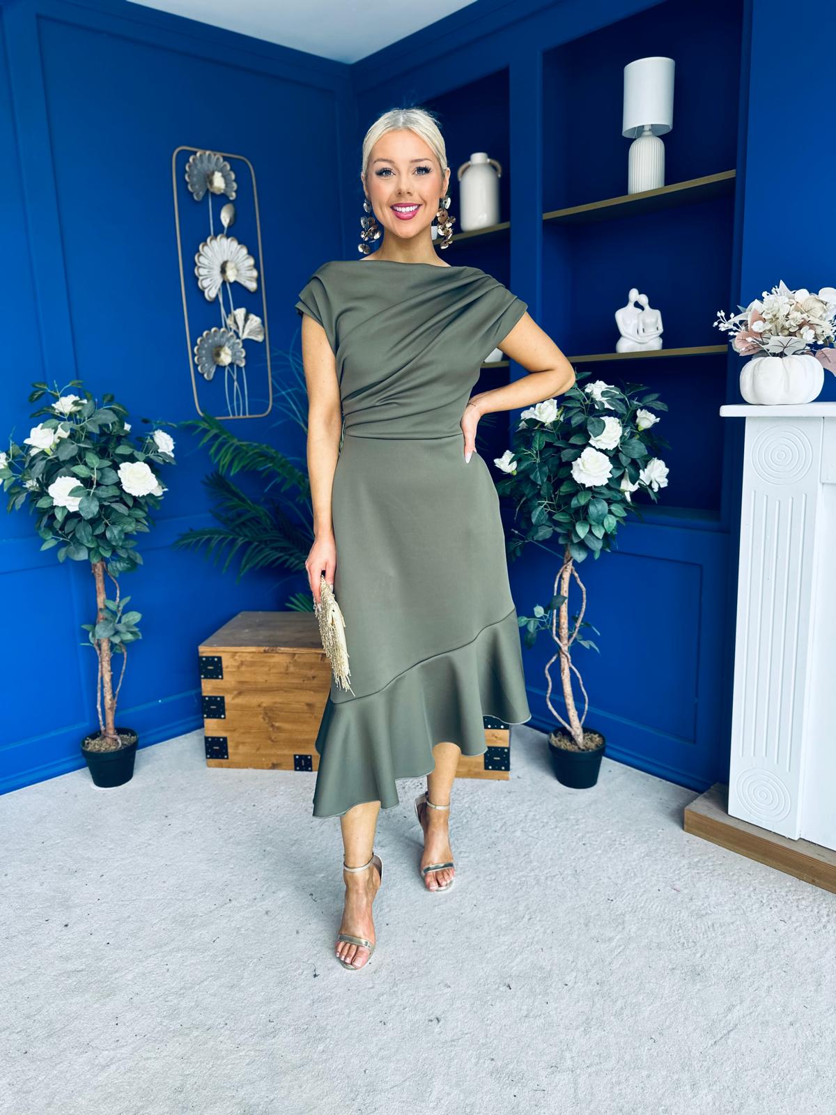 Felicity Asymmetric Frill Hem Midi Dress Khaki
