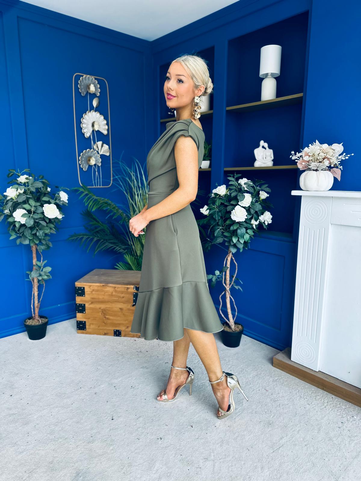 Felicity Asymmetric Frill Hem Midi Dress Khaki