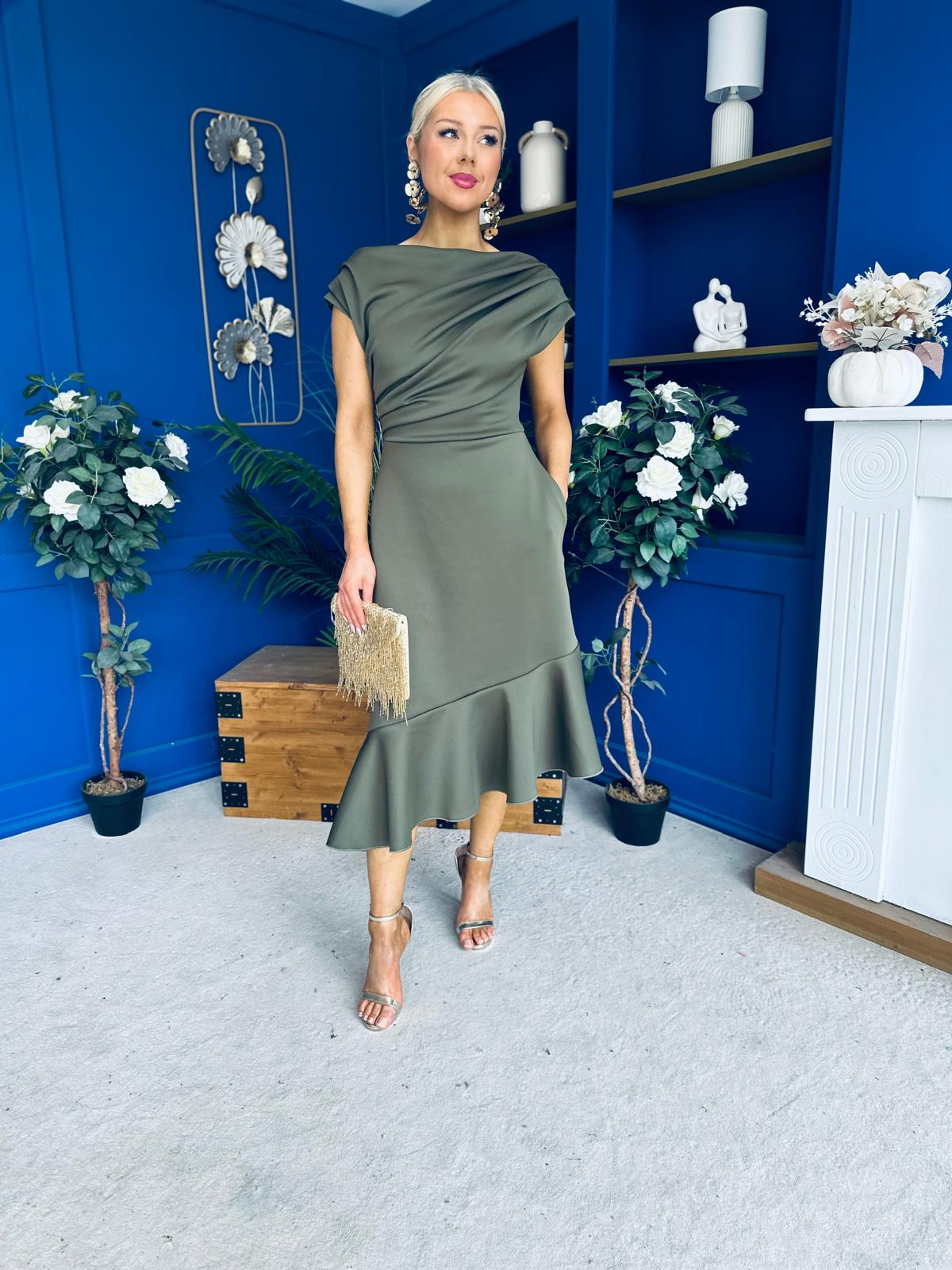 Felicity Asymmetric Frill Hem Midi Dress Khaki