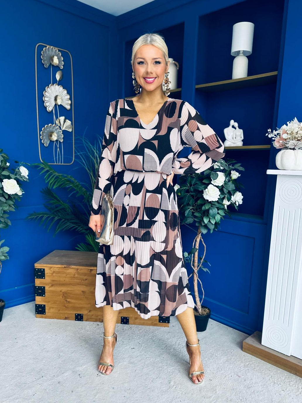 Kiley Pleated Midi Dress Geo Autumn
