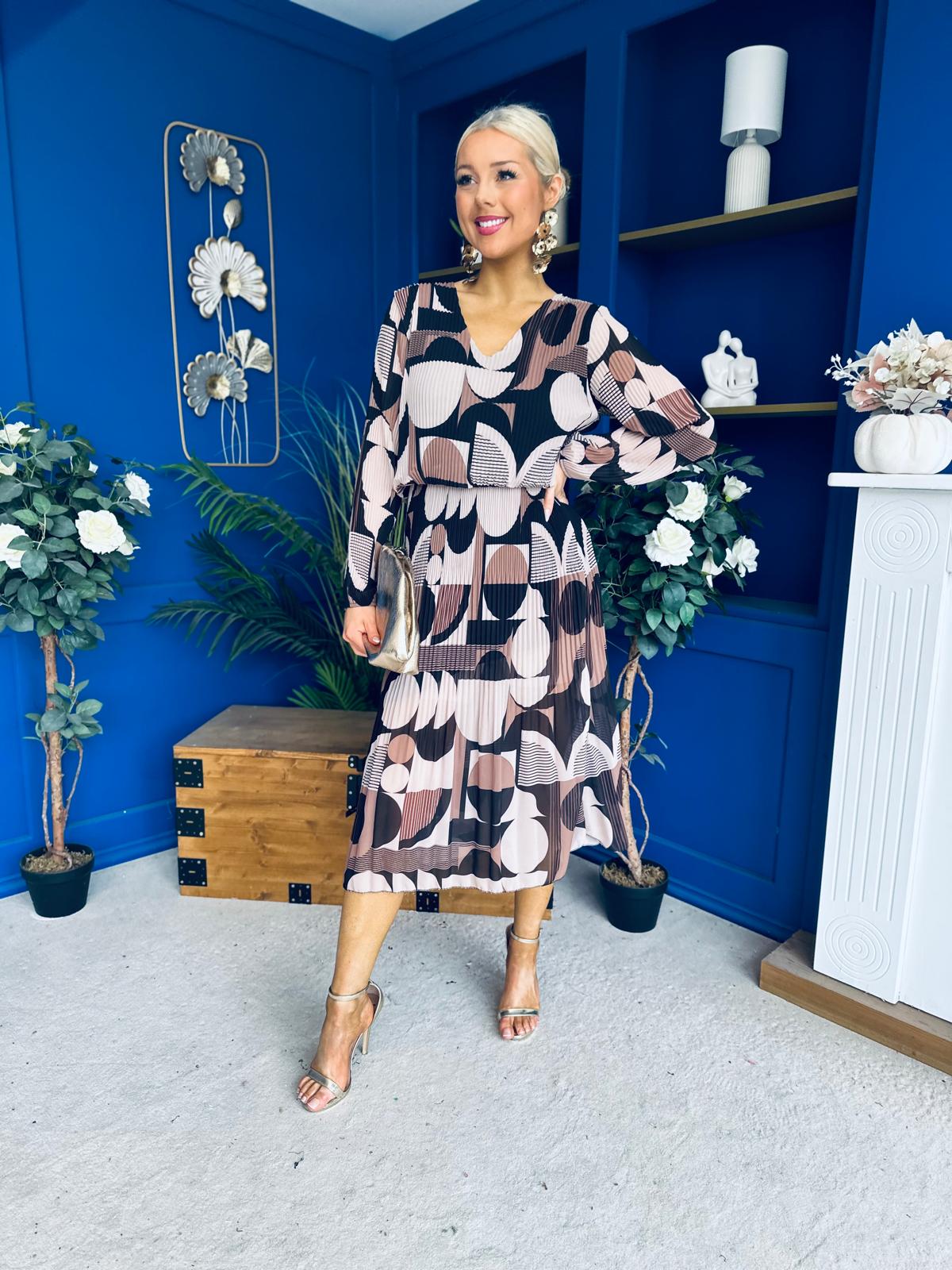 Kiley Pleated Midi Dress Geo Autumn
