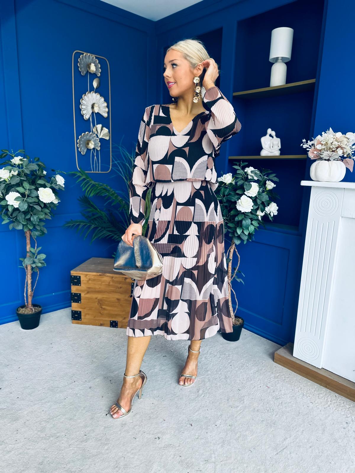 Kiley Pleated Midi Dress Geo Autumn