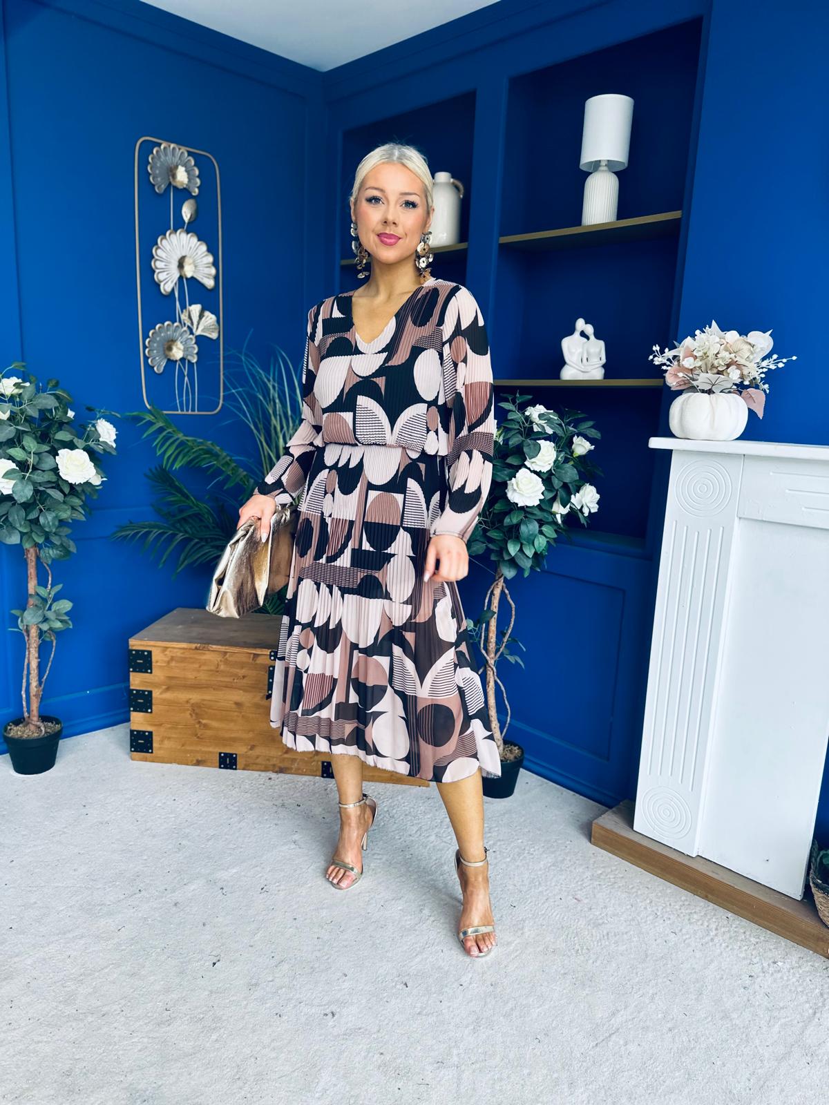 Kiley Pleated Midi Dress Geo Autumn