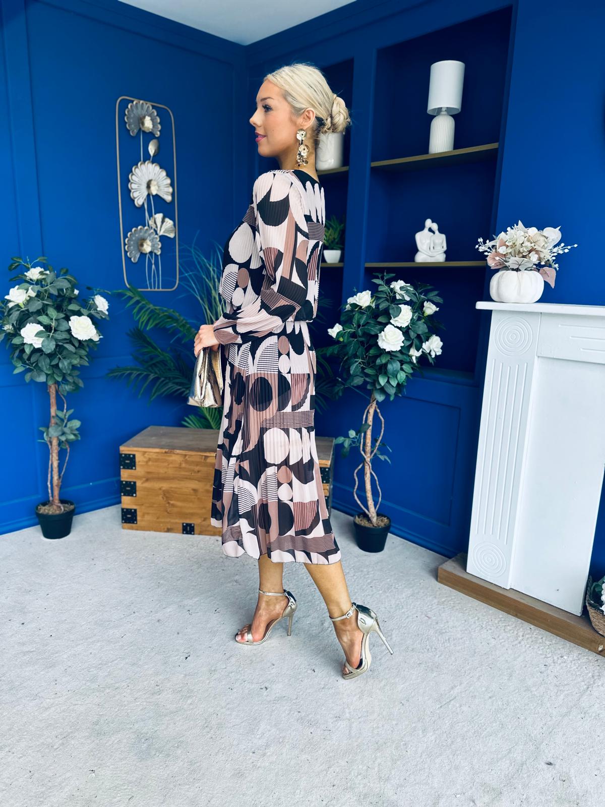 Kiley Pleated Midi Dress Geo Autumn