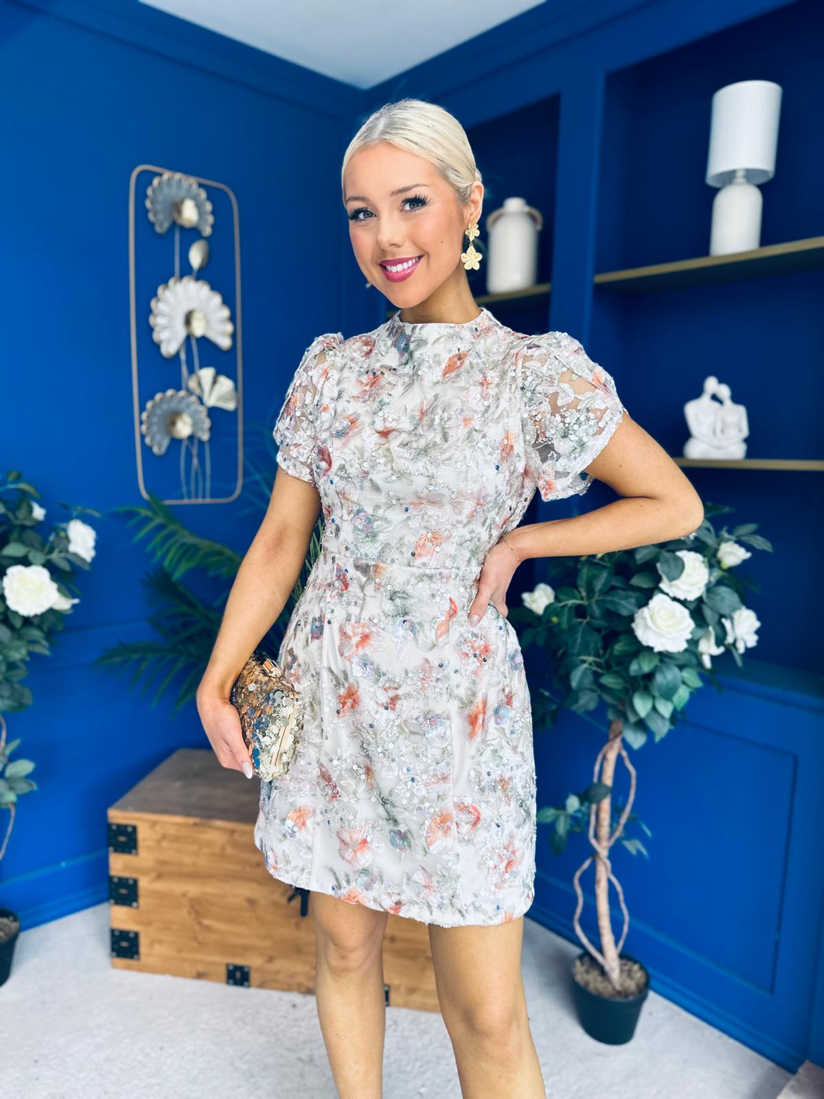 Ami Sequin Tulip Sleeve Mini Dress Ivory