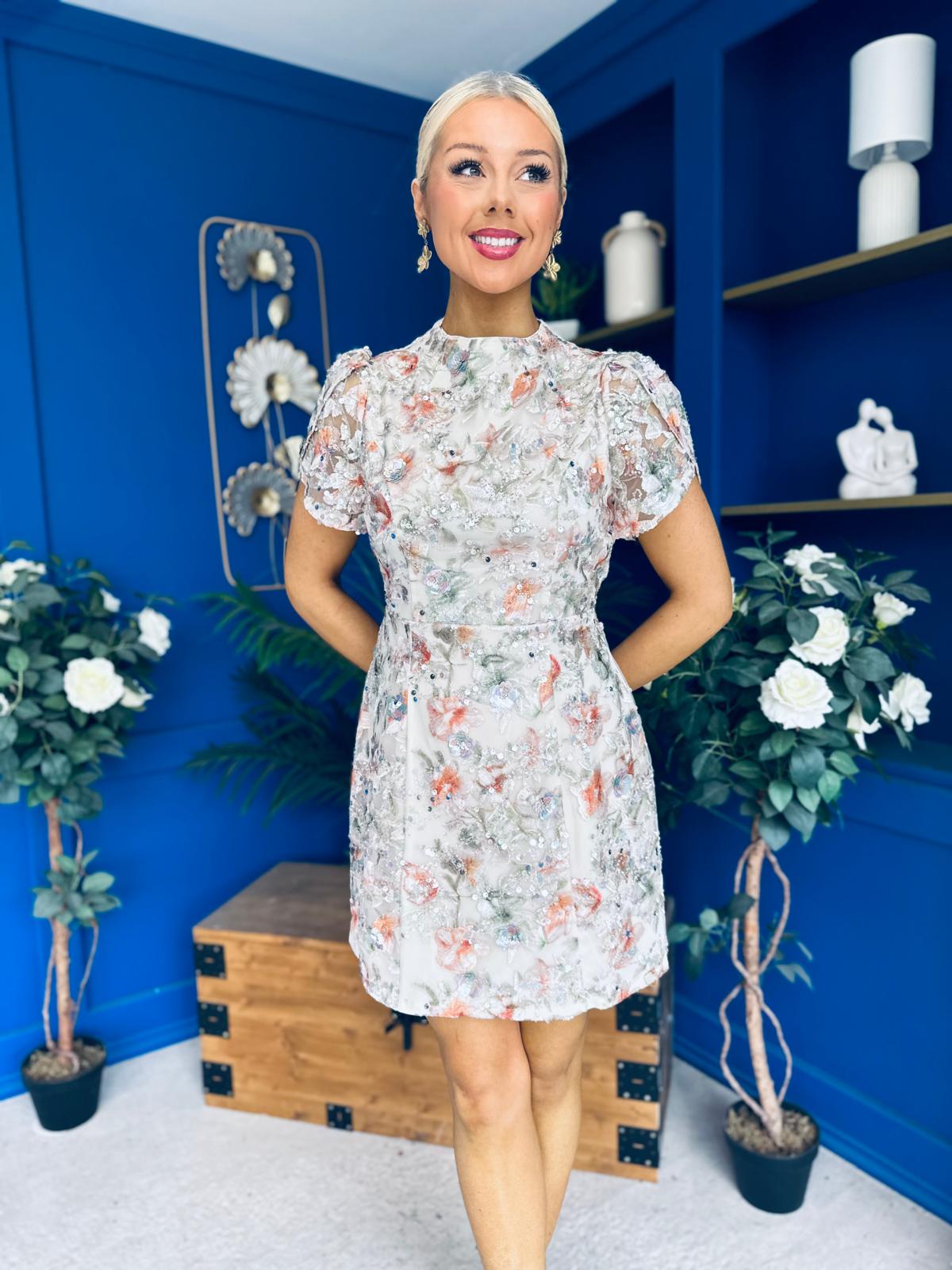 Ami Sequin Tulip Sleeve Mini Dress Ivory