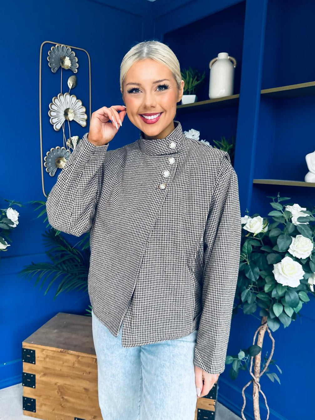 Riadh Detailed Hounstooth Jacket Beige Chocolate