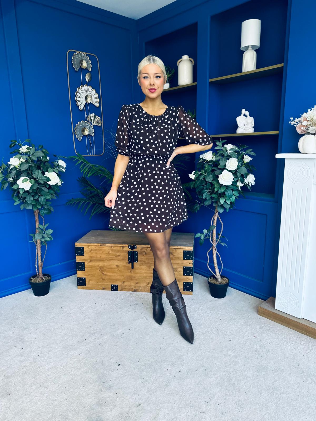 Leanne Ruched Detail Mini Dress Polka Chocolate