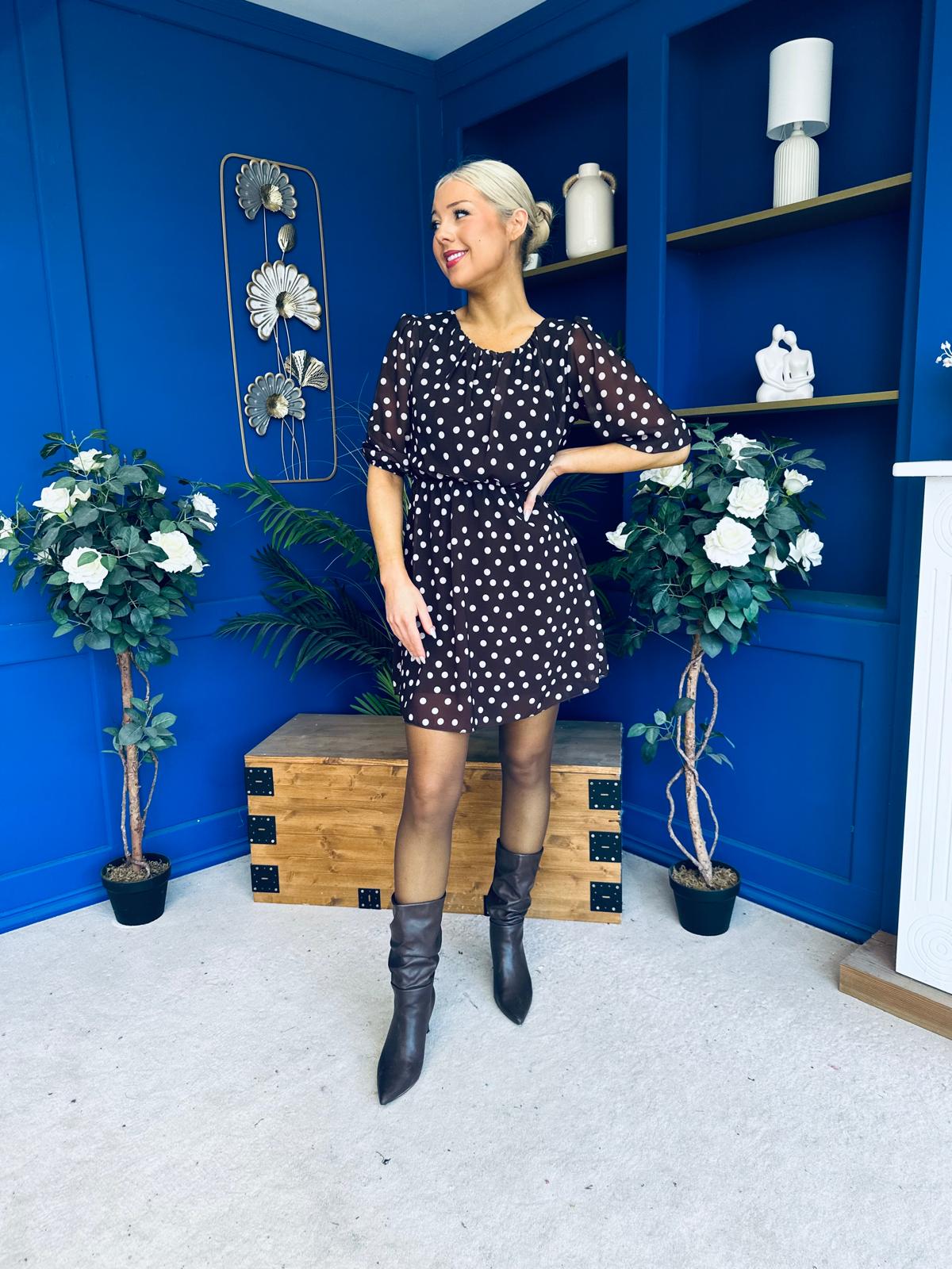 Leanne Ruched Detail Mini Dress Polka Chocolate
