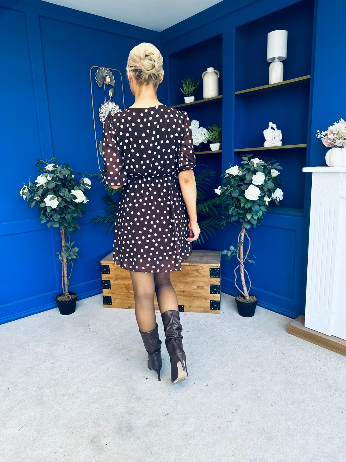 Leanne Ruched Detail Mini Dress Polka Chocolate