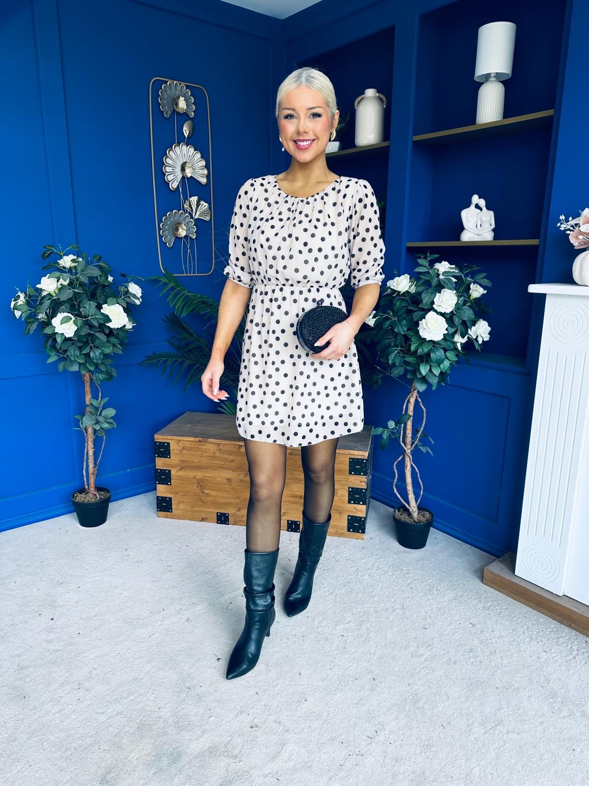 Leanne Ruched Detail Mini Dress Polka Stone