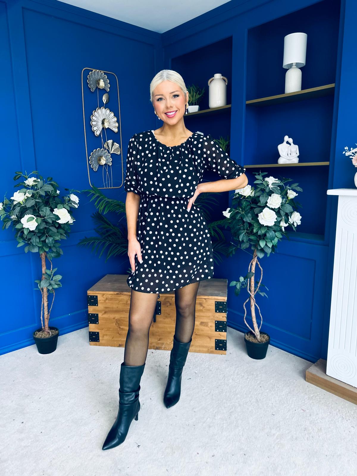 Leanne Ruched Detail Mini Dress Polka Black