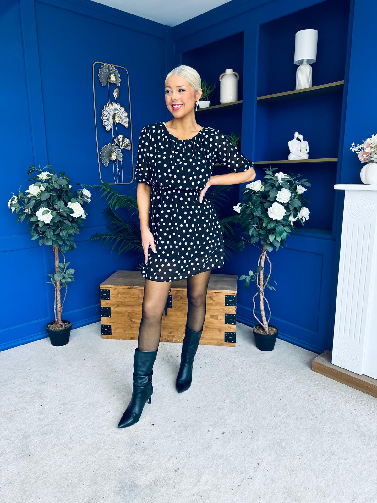 Leanne Ruched Detail Mini Dress Polka Black