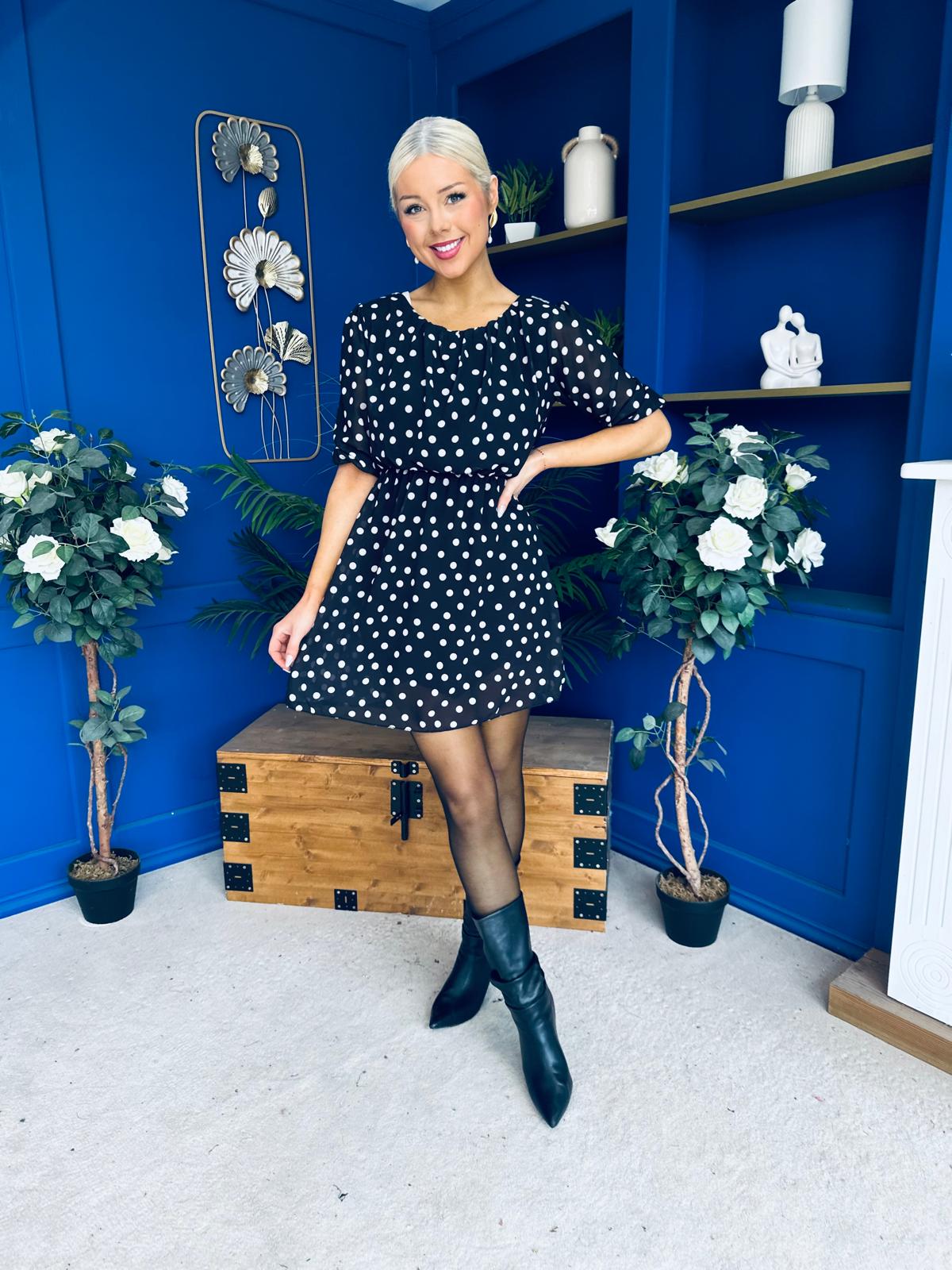 Leanne Ruched Detail Mini Dress Polka Black