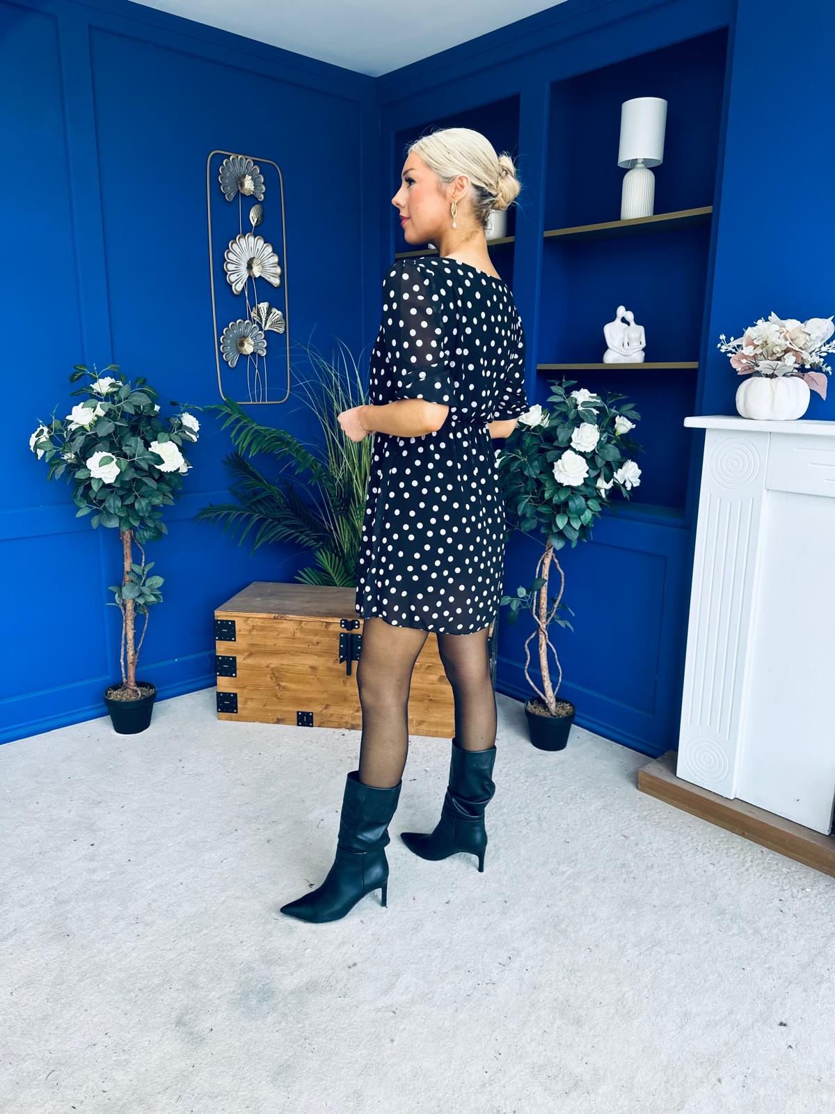 Leanne Ruched Detail Mini Dress Polka Black